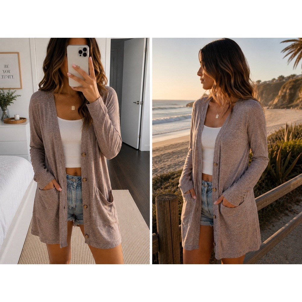 FP Beach Free People Long Cardigan XS Taupe Rib‎ Knit Pocket Duster Boho Lounge